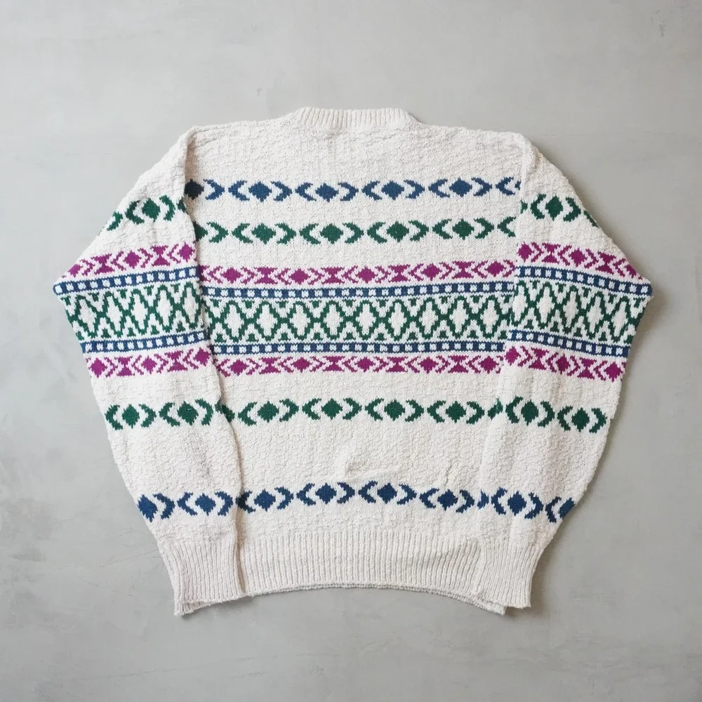 Vintage Lake Harmony Rowing Club Sweater XL Mens White Geometric Knit USA Made